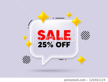 Sale chat speech bubble. Social media concept. Sale 25 percent off discount. Promotion price offer sign. Retail badge symbol. 3d sparkles chat bubble. Vector Sale chat speech bubble. Social media concept. Sale 25 percent off discount. Promotion price offer sign. Retail badge symbol. 3d sparkles chat bubble. Vector 128381124