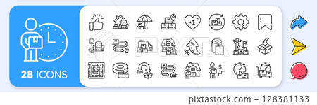 Moving service line icons. Interest rate, AI generate, Inflation icons. Furniture move, rent space and adhesive tape set. Package delivery, relocation service and carrying man line icons. Vector 128381133