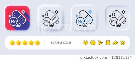 Molybdenum mineral line icon. Neumorphic, Flat shadow, 3d buttons. Chemical element Mo sign. Capsule or pill symbol. Line molybdenum mineral icon. Social media icons. Vector 128381134