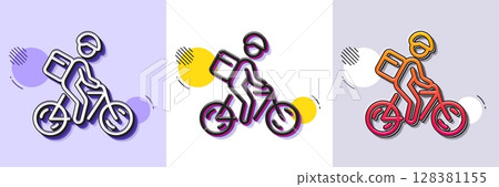 Delivery bike line icon. Halftone dotted pattern. Gradient icon with grain shadow. Bicycle courier sign. City transport symbol. Line delivery bike icon. Various designs. Vector 128381155