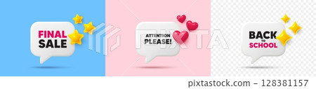 Attention please chat speech bubble. 3d stars, sparkles, hearts chat bubbles. Attention please tag. Special offer sign. Important information symbol. Final sale, Back to school tag. Vector Attention please chat speech bubble. 3d stars, sparkles, hearts chat bubbles. Attention please tag. Special offer sign. Important information symbol. Final sale, Back to school tag. Vector 128381157