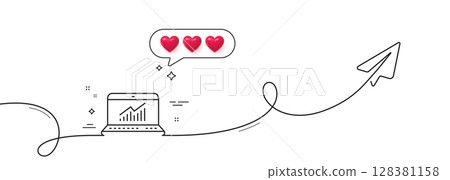 Data Analysis and Statistics line icon. Continuous line with share plane. Report graph or Chart sign. Computer data processing symbol. Hearts rate review in speech bubble. Vector 128381158