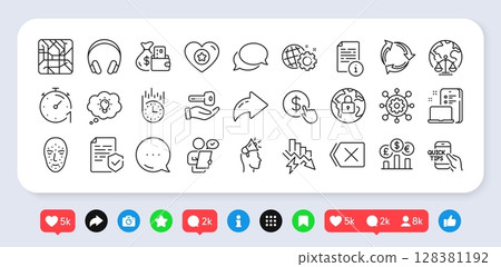 Energy, Buying house and Fast delivery line icons pack. Social media: share, comment, like icons. Manual, Customer survey, Metro map web icon. Recycle, Lock, Change money pictogram. Vector Energy, Buying house and Fast delivery line icons pack. Social media: share, comment, like icons. Manual, Customer survey, Metro map web icon. Recycle, Lock, Change money pictogram. Vector 128381192