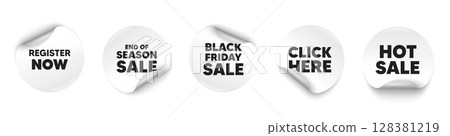 Register now sticker tag. Season sale, Black friday paper price banners. Register now tag. Free registration offer. Create an account message. Click here sticker. Vector 128381219