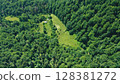 A top-down aerial view of a forest glade among mixed green forest on a summer day. Glade in a coniferous-deciduous forest from a bird's eye view. 128381272
