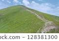 Aerial view of a green mountain slope with a winding trail leading to the summit under a blue sky with scattered clouds on a clear summer day. 128381300