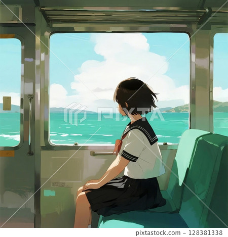 An emotional illustration of a high school girl looking at the summer seascape from a train window An emotional illustration of a high school girl looking at the summer seascape from a train window 128381338