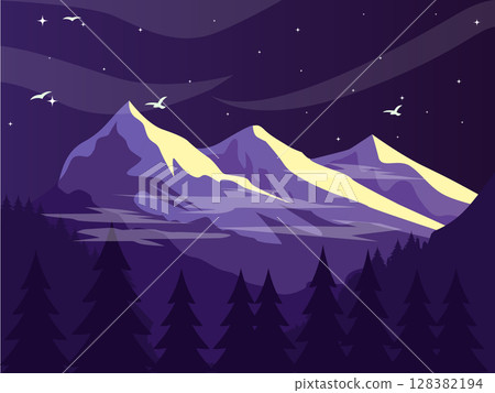 Flat Vector Illustration Of Mountain Landscape With Orange Sunset And Pine Tree Silhouette. Minimalist And Geometric Design Flat Vector Illustration Of Mountain Landscape With Orange Sunset And Pine Tree Silhouette. Minimalist And Geometric Design 128382194