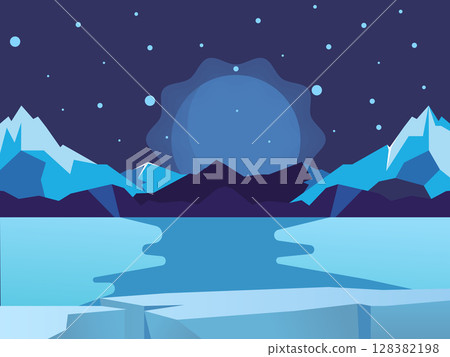 Minimalist Vector Illustration of Frozen Lake With Snowy Mountains At Night. Stars Shine In The Sky, Creating A Calm, Cold, And Winter Nature Scene. 128382198