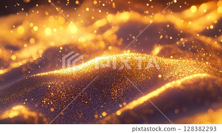 Gold glittering sand dunes with warm sparkling light. 128382293