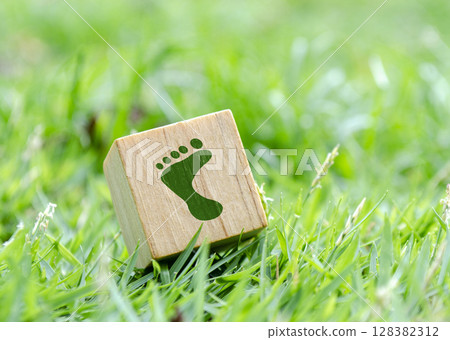 Single wooden cube with REUSED or STEP or Footprint on grass. Eco conscious message 128382312
