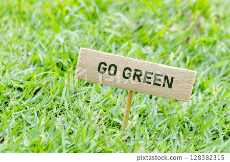 Wooden sign with GO GREEN on grass. Eco friendly encouragement 128382315