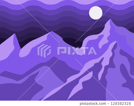 Minimalist Purple Mountain Landscape Flat Design Illustration with Wavy Sky and Moon 128382328