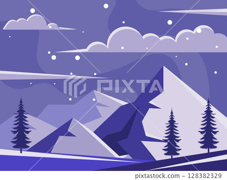 Flat vector illustration featuring a serene mountain night landscape with pine tree silhouettes and soft snow, Perfect for winter themed designs. 128382329