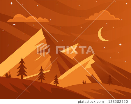 Warm Mountain Night Scene Flat Vector Illustration With Orange Palette, Featuring Pine Trees, Crescent Moon, Stars And Clouds. Perfect For Nature, Adventure Or Twilight Designs. 128382330