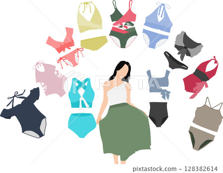 一位女士正在考慮要穿哪件泳衣的插圖 128382614