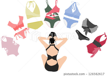 一位女士正在考慮要穿哪件泳衣的插圖 128382617
