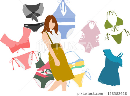 Illustration of a woman thinking about which swimsuit to wear Illustration of a woman thinking about which swimsuit to wear 128382618
