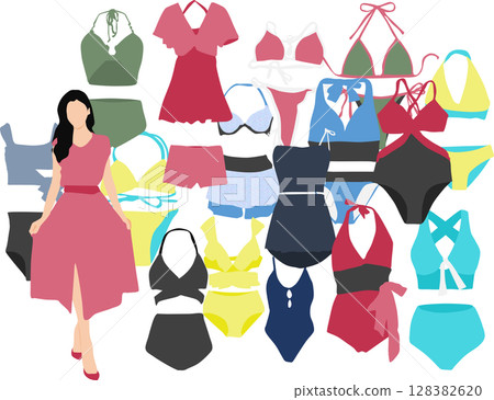 一位女士正在考慮要穿哪件泳衣的插圖 128382620