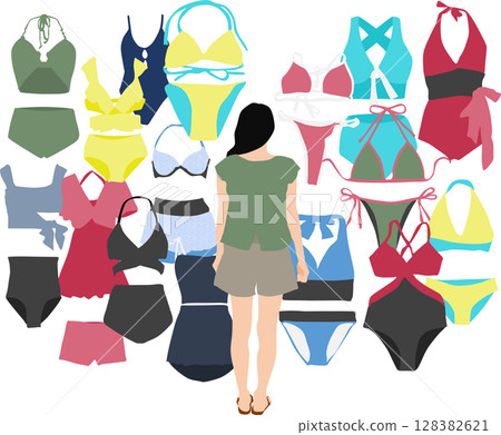 Illustration of a woman thinking about which swimsuit to wear 128382621
