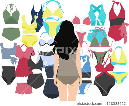 Illustration of a woman thinking about which swimsuit to wear Illustration of a woman thinking about which swimsuit to wear 128382622