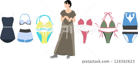 一位女士正在考慮要穿哪件泳衣的插圖 128382623