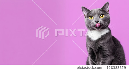 Cat Banner. Happy Feline Looking Left. Surprised Adorable Gray Cat with Silly Face on Color Studio Background. Poster Placard Design Horizontal. Copy Space for Text, Logo. For Ad Promo. Goods For Pets Cat Banner. Happy Feline Looking Left. Surprised Adorable Gray Cat with Silly Face on Color Studio Background. Poster Placard Design Horizontal. Copy Space for Text, Logo. For Ad Promo. Goods For Pets 128382859