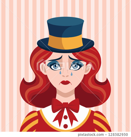 Sad clown girl with red hair and top hat. Circus style portrait. Illustration. 128382930