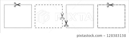 Scissors cut along the contour on a white background. Vector illustration. Paper cut icon with dotted line. Vector scissors with cut lines. Vector set of cutting scissors. Scissors cut along the contour on a white background. Vector illustration. Paper cut icon with dotted line. Vector scissors with cut lines. Vector set of cutting scissors. 128383138