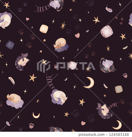 Seamless pattern digital illustration of cute cats sleeping on clouds with stars, pillows, and ladders. Watercolor texture, perfect for children's books, nursery decor, or fabric patterns, for 128383188