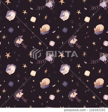 Seamless pattern digital illustration of cute cats sleeping on clouds with stars, pillows, and ladders. Watercolor texture, perfect for children's books, nursery decor, or fabric patterns, for Seamless pattern digital illustration of cute cats sleeping on clouds with stars, pillows, and ladders. Watercolor texture, perfect for children's books, nursery decor, or fabric patterns, for 128383191