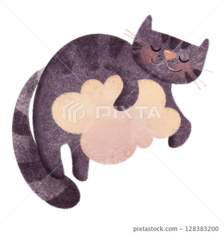 Hand-drawn digital illustration of a cute tabby cat sleeping on soft cloud. Watercolor texture, perfect for children's books, nursery decor, greeting cards, isolated Hand-drawn digital illustration of a cute tabby cat sleeping on soft cloud. Watercolor texture, perfect for children's books, nursery decor, greeting cards, isolated 128383200