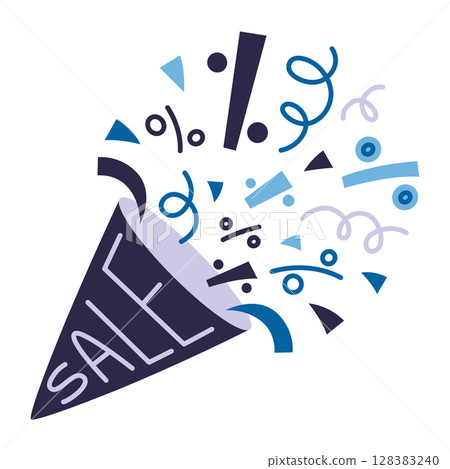 Party popper with SALE text and percentage signs exploding out, perfect for discounts and promotions. Trendy modern vector illustration isolated on white background, hand drawn, flat design 128383240