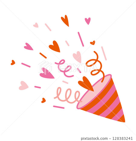 Romantic party popper with hearts, streamers and confetti, perfect for Valentines Day or love celebrations. Trendy modern vector illustration isolated on white background, hand drawn, flat design 128383241