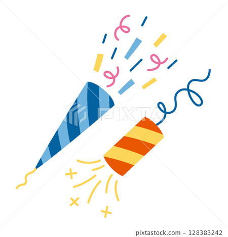 Two festive poppers bursting with confetti and sparkles. Party celebration and joyful event concept. Trendy modern vector illustration isolated on white background, hand drawn, flat design 128383242