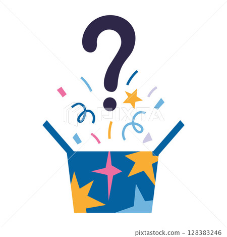 Mystery blind box bursting with confetti and question mark, surprise gifts or unknown rewards. Trendy modern vector illustration isolated on white background, hand drawn, flat Mystery blind box bursting with confetti and question mark, surprise gifts or unknown rewards. Trendy modern vector illustration isolated on white background, hand drawn, flat 128383246
