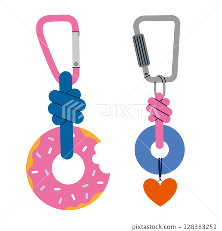 Stylish keychains with donut and heart charms on carabiners, perfect for bags or keys decoration. Trendy modern vector illustration isolated on white background, hand drawn, flat design 128383251