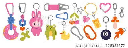Trendy set of colorful cute keychains, toys, charms, carabiner and decorative bag accessories. Modern vector illustration isolated on white background, hand drawn, flat design Trendy set of colorful cute keychains, toys, charms, carabiner and decorative bag accessories. Modern vector illustration isolated on white background, hand drawn, flat design 128383272