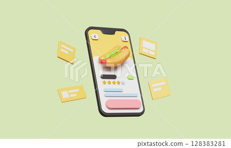 Food Ordering Mobile App Interface with UI Elements. 3D Rendering. 128383281