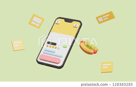 Food Ordering Mobile App Interface with UI Elements. 3D Rendering. 128383283