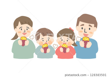 Illustration of a family of four eating roasted sweet potatoes 128383501