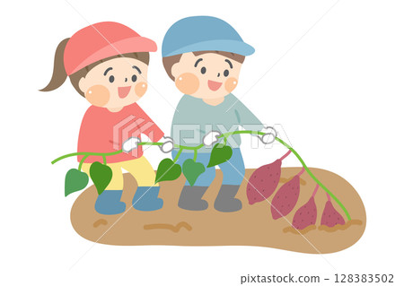 Illustration of young children digging potatoes Illustration of young children digging potatoes 128383502