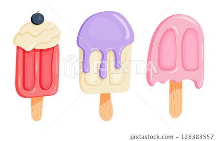 Icecream set with red, purple, and pink frozen treats on sticks 128383557