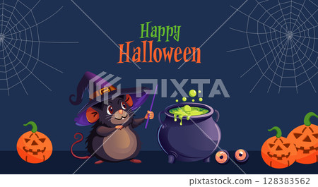 Happy Halloween banner with cute Halloween decorations and greeting Happy Halloween banner with cute Halloween decorations and greeting 128383562