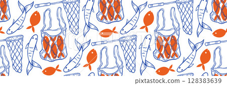 Trendy Marine doodle pattern with net bag, sardines and fishnet. Combination of blue doodle and orange flat illustration. Great for fashion print, packaging and branding. Vector outline illustration. 128383639