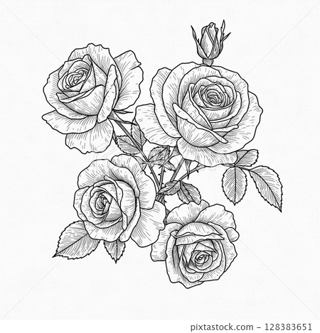 Monochrome hand-drawn illustration of spring flowers 128383651