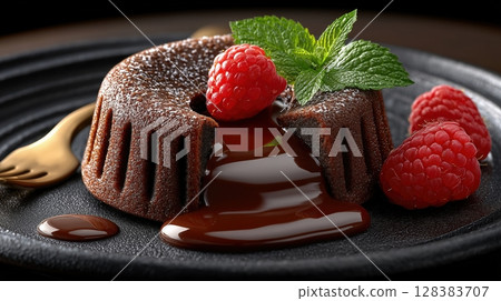 A decadent chocolate lava cake with a molten center, garnished with a fresh raspberry and mint on a slate plate 128383707