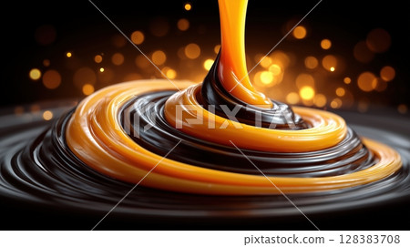 A decadent macro shot of liquid golden caramel pouring into a swirl of rich dark chocolate 128383708