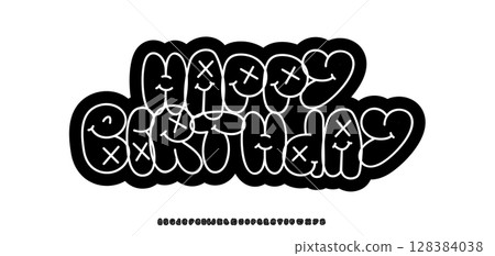 Graffiti Happy Birthday greeting card, doodle lettering phrase logo font, cartoon faces and x-eyes letters. Funky bold bubble typographic design for sticker, poster, label. Vector illustration Graffiti Happy Birthday greeting card, doodle lettering phrase logo font, cartoon faces and x-eyes letters. Funky bold bubble typographic design for sticker, poster, label. Vector illustration 128384038