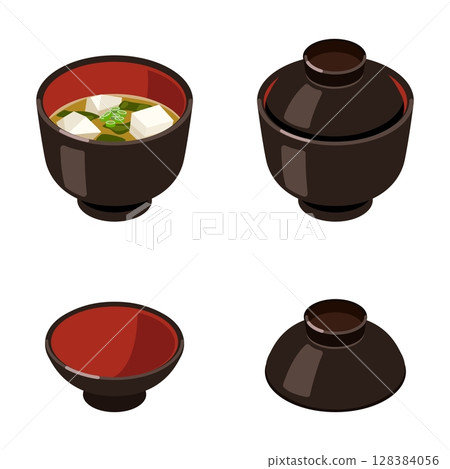 Miso soup bowl set (with or without lid, lid only) Flat / Isometric 128384056